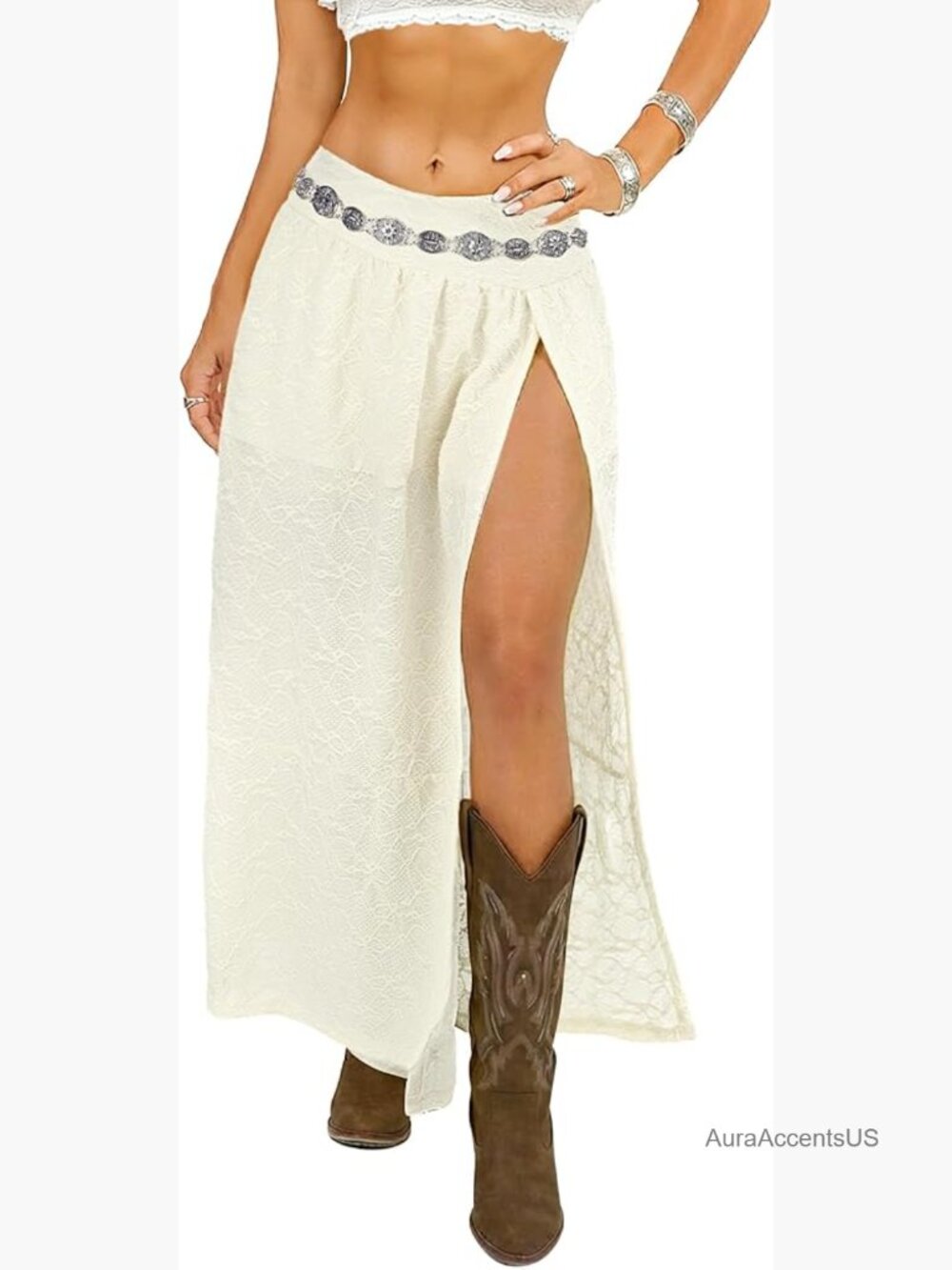 Boho Lace Maxi Skirt High Slit Ruffle Cowgirl Country Concert Outfit - Picture 1 of 7
